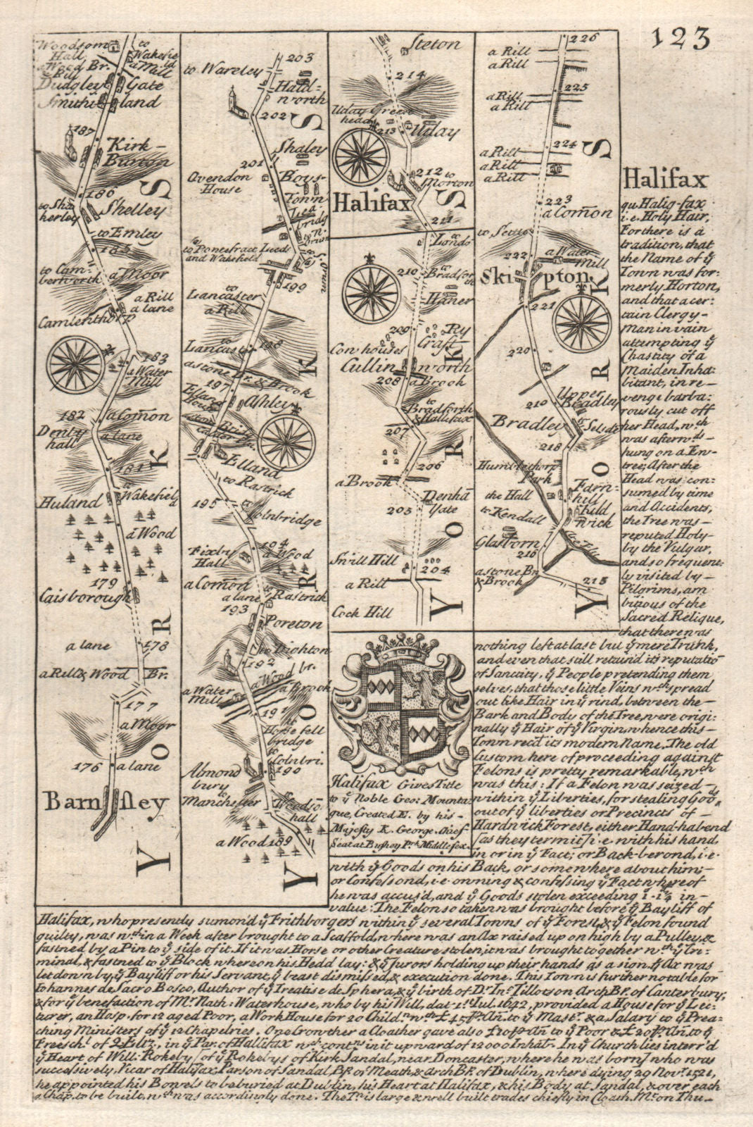 Barnsley-Kirkburton-Halifax-Skipton road strip map by J. OWEN & E. BOWEN 1753